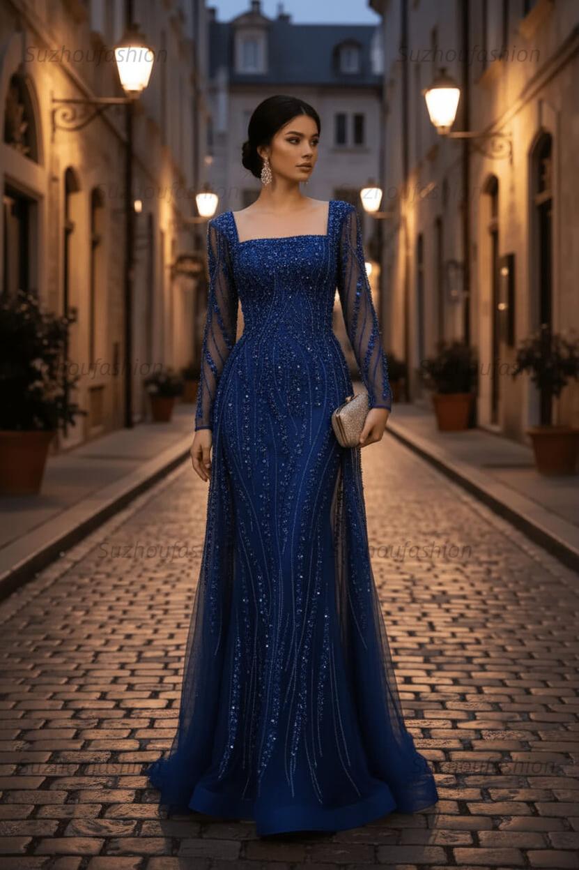 Square Neck Long Sleeves Long Mermaid Evening Formal Dress With Beading Tulle
