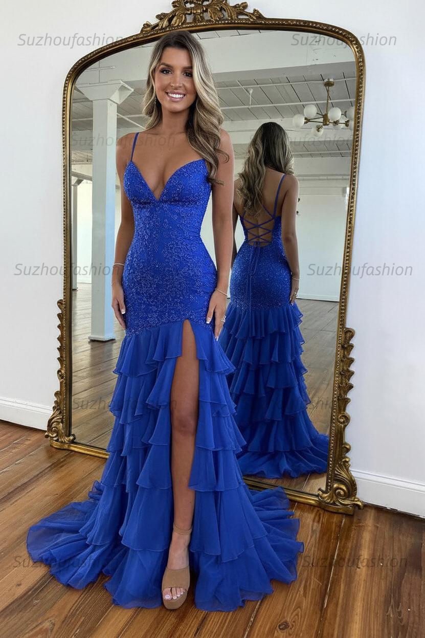 Suzhoufashion Mermaid Spaghetti Straps Lace Up Long Prom Dress With Ruffle Skirt Formal Evening Gown
