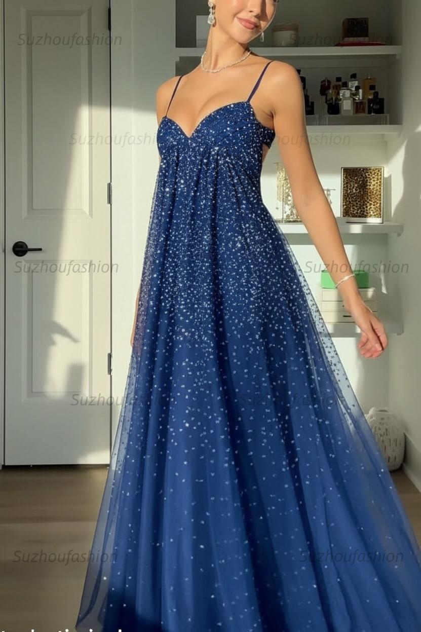Suzhoufashion Bling A Line Spaghetti Straps Grey Blue Long Party Dress With Beading Formal Evening Gown