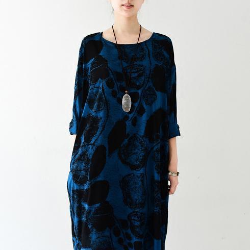 Royal blue silk dresses print sprint dress plus size dress