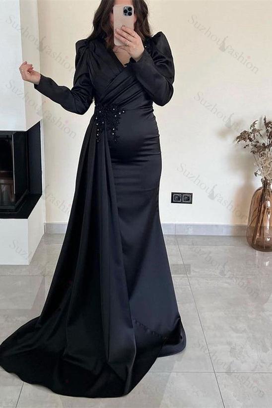 Ruffled Mermaid Prom Dress Beaded Long Sleeve Pleated Evening Formal Dress With Front Split