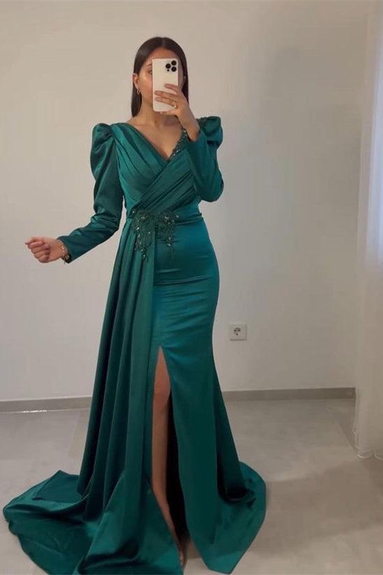 Ruffled Mermaid Prom Dress Beaded Long Sleeve Pleated Evening Formal Dress With Front Split