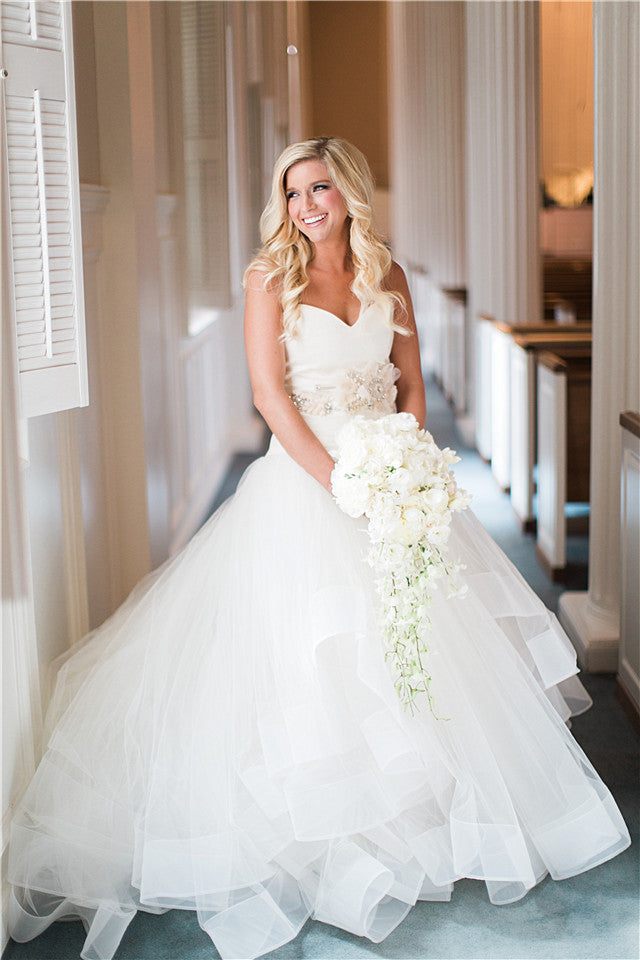 Ruffled Organza Wedding Dresses  Sweetheart Bridal Gowns with Beads Flowers
