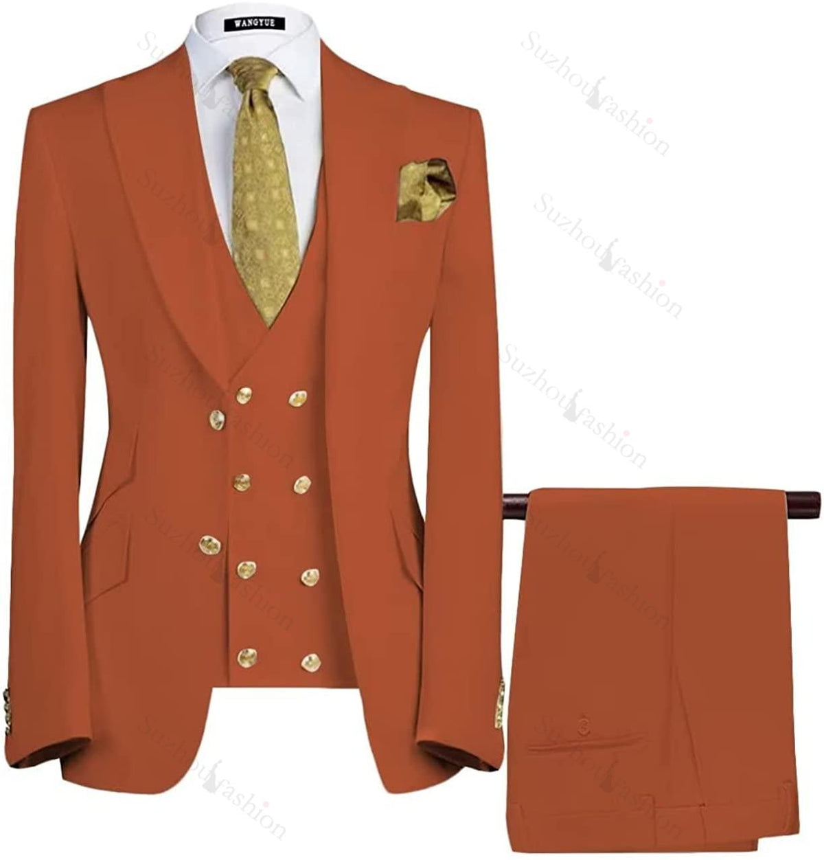 Rust Red Three Piece Peaked Lapel Prom Suit