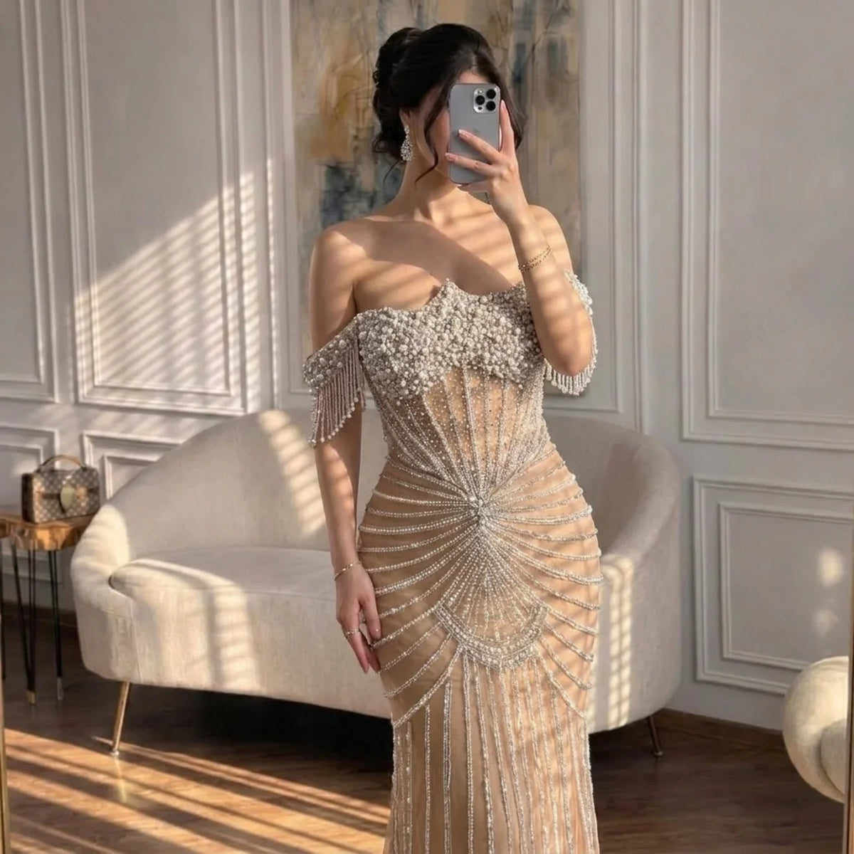 Zapdress Red Mermaid Beaded Pearl Off-Shoulder Evening Gown 2026 High End Couture Party Dress for Women Customized DLA73148A (ZD17309)