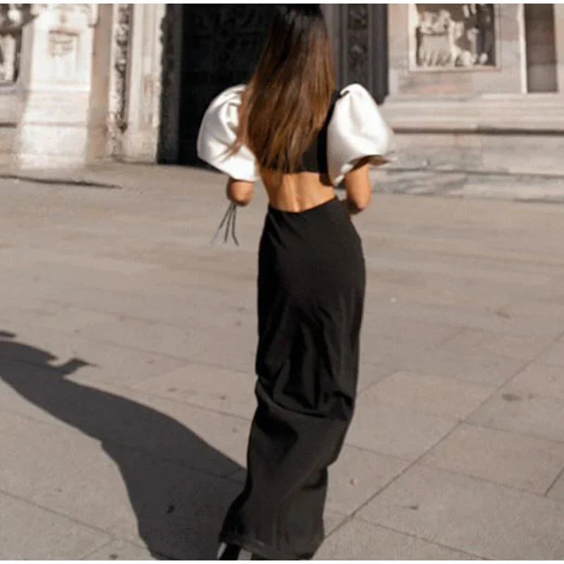 Patchwork Puff Sleeve Hollow Out Long Dress