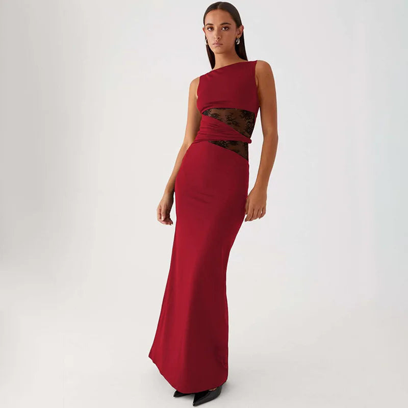 Sheer Lace O Neck Bodycon Long Tank Dress