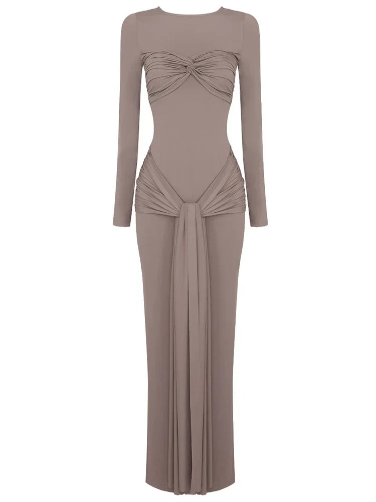 Long Sleeve Pleated Draped Maxi Dress