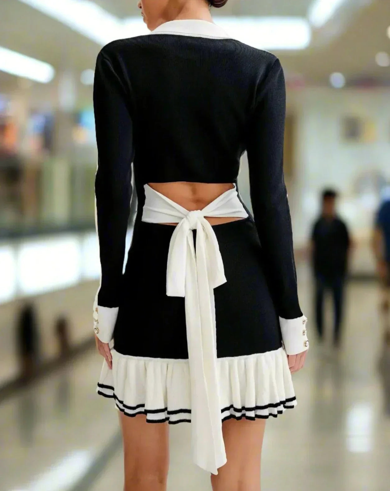 Ruffled Contrast Bow Open Back Lace - Up Knit Mini Dress