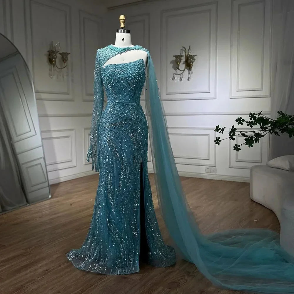 Zapdress Customized Blue Mermaid High Split Pearls Beaded Evening Dress with Glove Formal Party Gowns For Women 2026 (ZD17303)