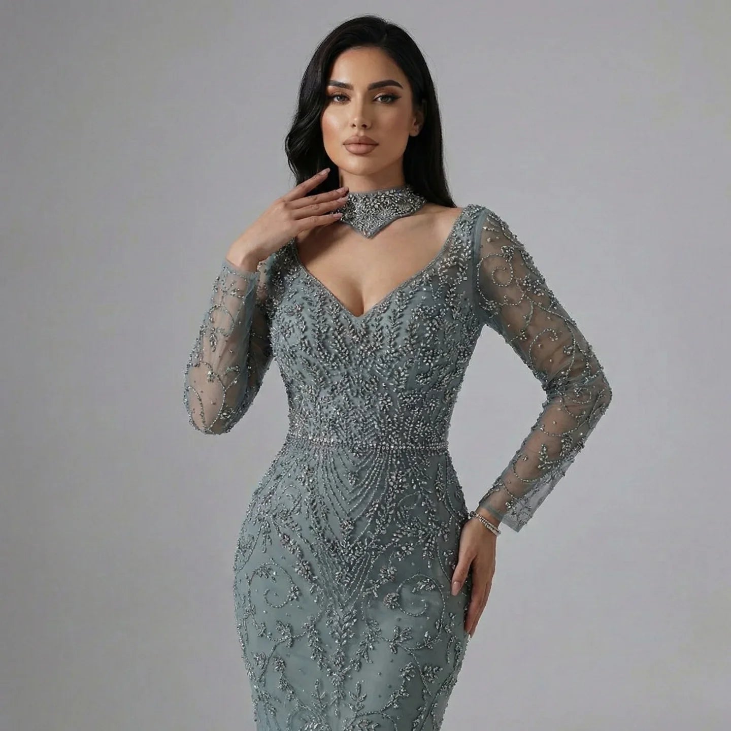 Zapdress Customized Turquoise Evening Dresses with Neck Lace 2026 Long Sleeves Mermaid Beaded Elegant Party Gowns DLA73042B (ZD17172)