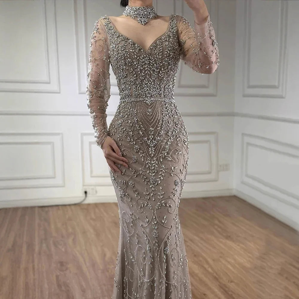 Zapdress Customized Turquoise Evening Dresses with Neck Lace 2026 Long Sleeves Mermaid Beaded Elegant Party Gowns DLA73042B (ZD17172)