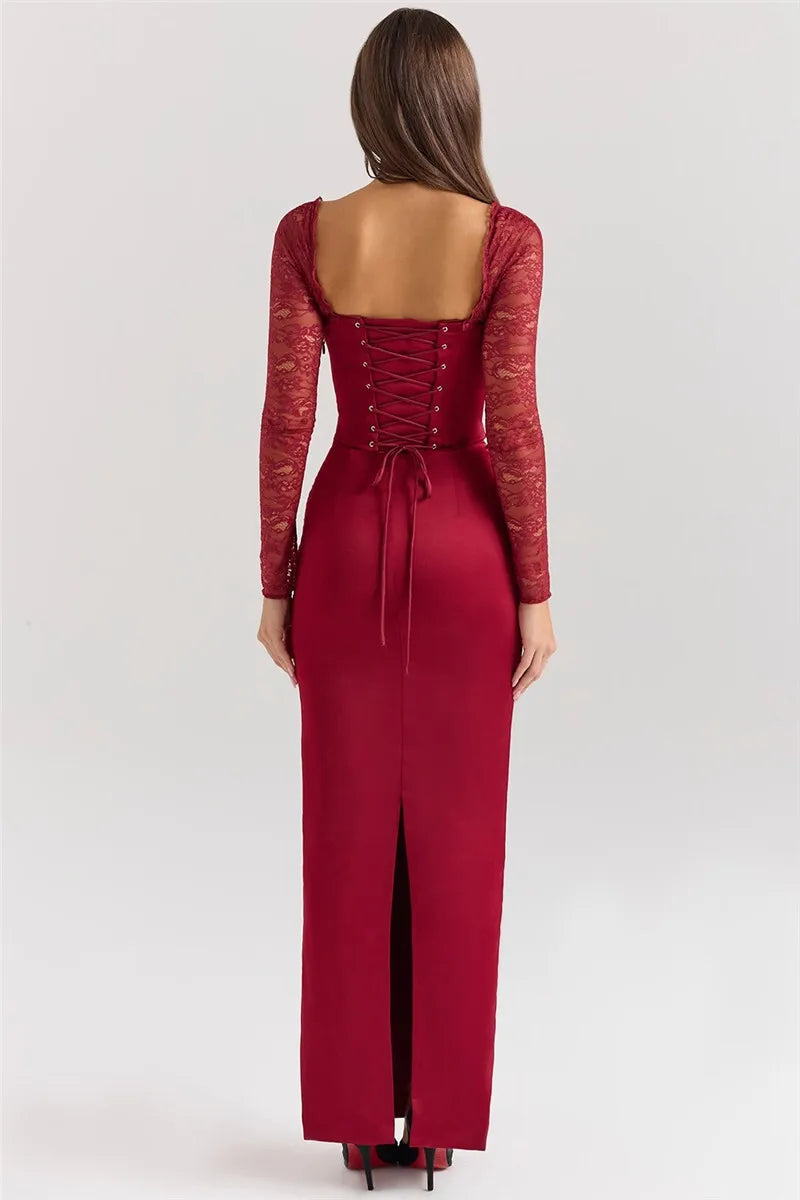 Square Collar Lace - Up Backless Long Sleeve Maxi Dress