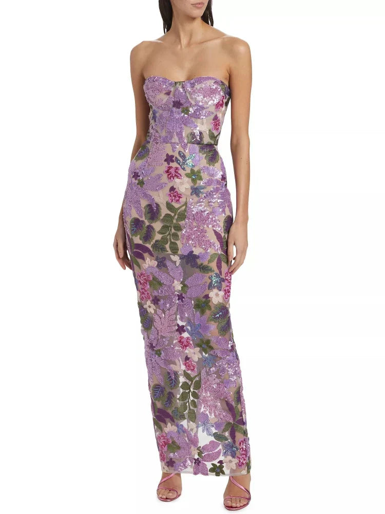 Floral - Embellished Sequin Lavender Ankle Length Dress