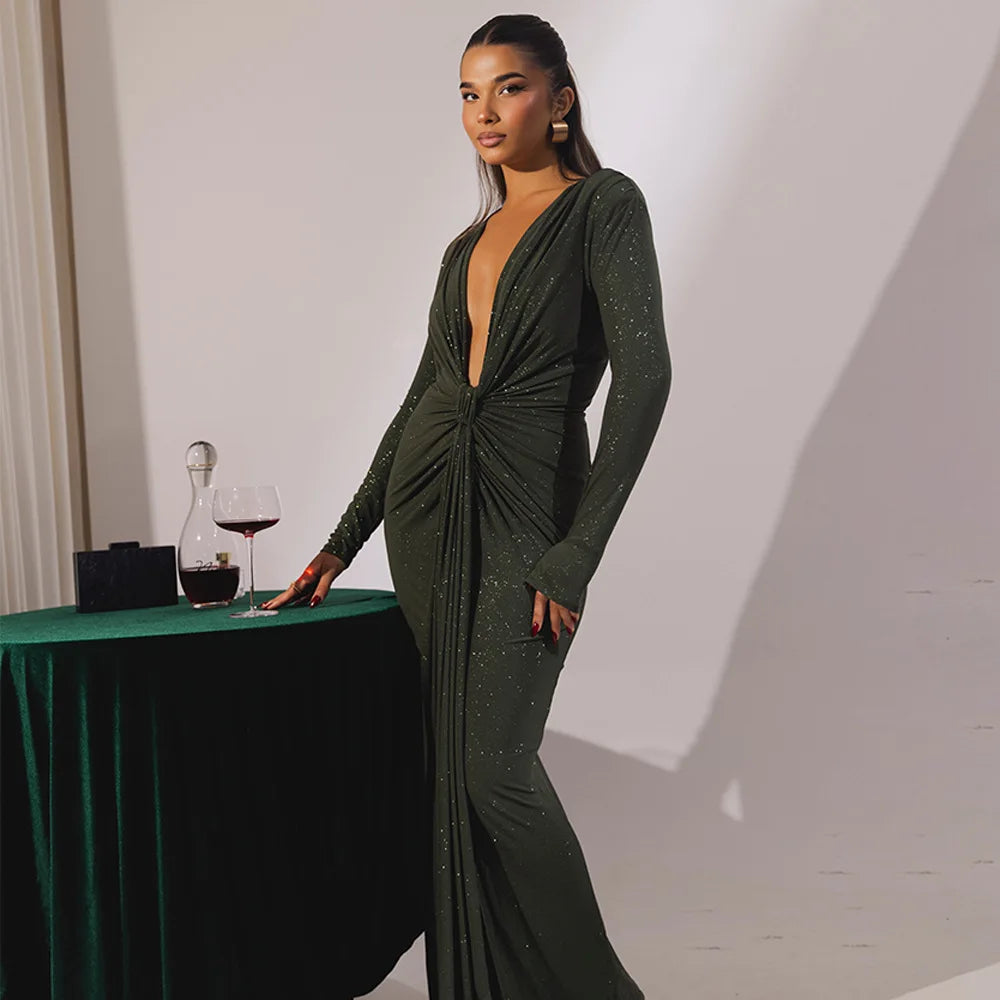 Elastic Deep V - Fold Lace Maxi Dress