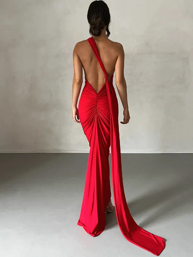 One Shoulder Scarf Ruched Maxi Dress
