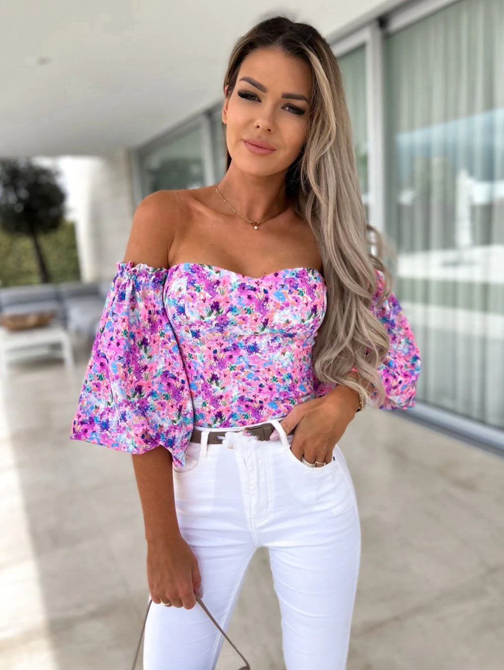 Women Top Summer Off Shoulder Floral Blouses Holiday Slash Neck Tops