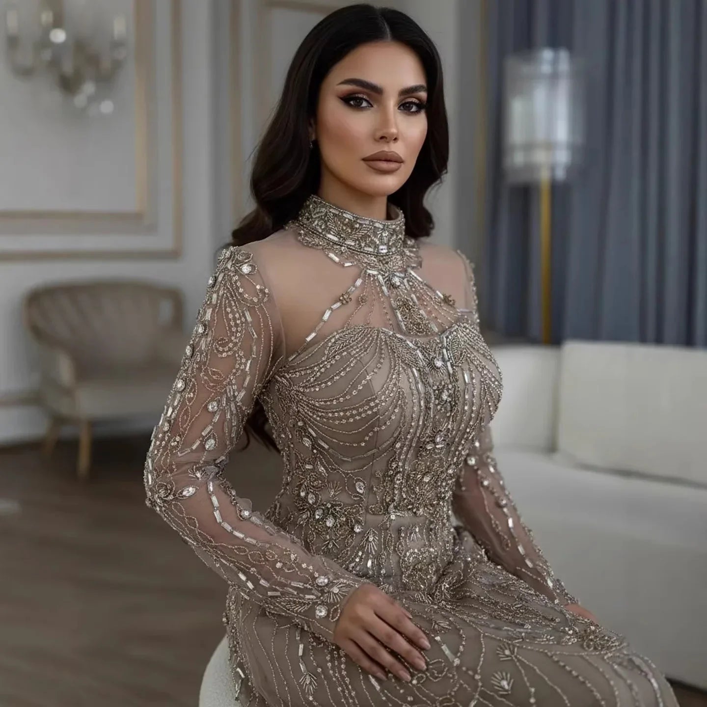 Zapdress Caramel A-Line Long Sleeves Muslim Evening Gowns Luxury Beaded Party Dress for Women 2025 Customized (ZD17270)