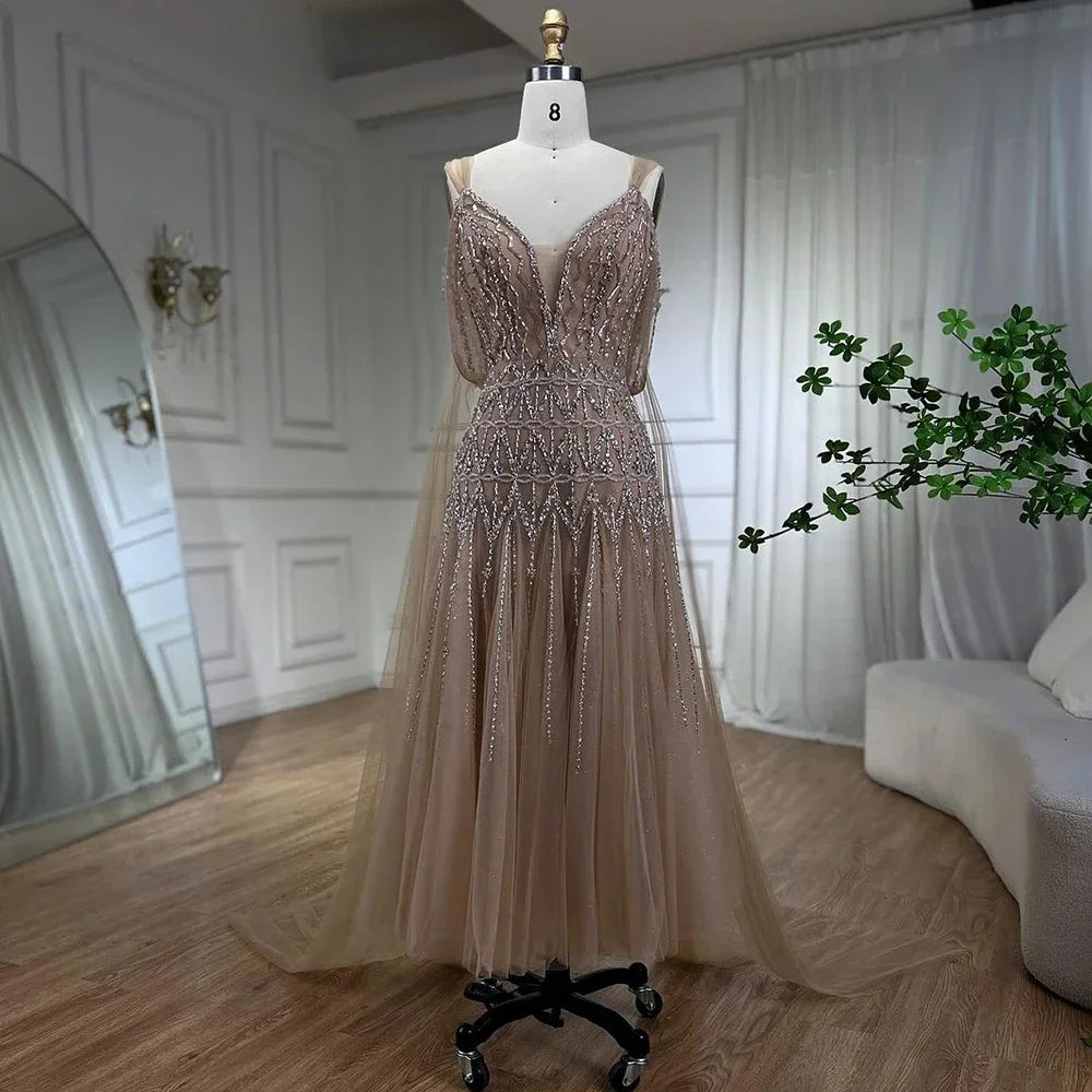 Zapdress Customized 2025 Nude A-Line Midi Ankle Lengt Prom Dresses Glitter Beaded Evening Party Gowns for Women (ZD17237)