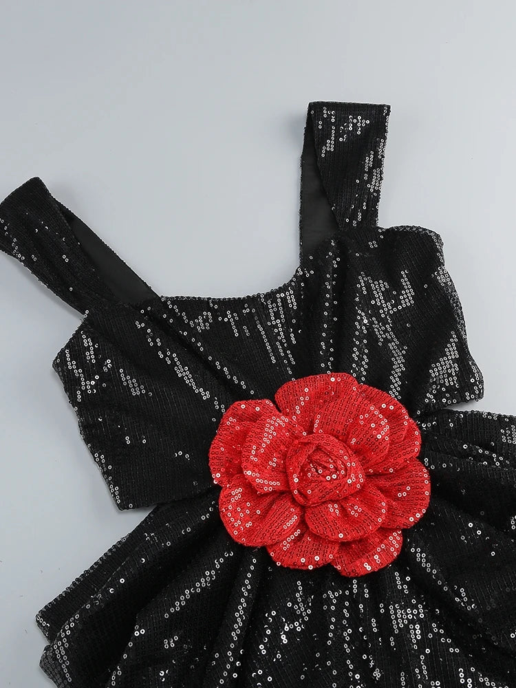 3D Flower Shiny Sequins Folds Long Dress