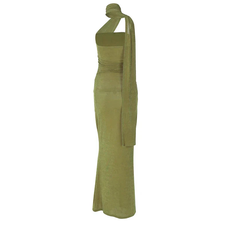 Halter Green Off - shoulder Backless Long Dress