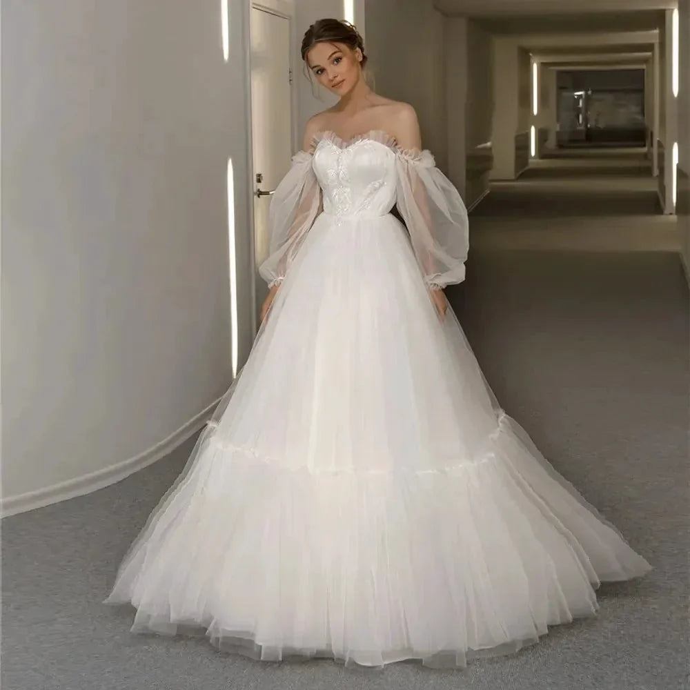 Appliques Vestido De Noiva Sexy Backless A Line Vestidos De Novia Bishop Sleeve Wedding Dresses Lace Robe De Mariée (ZD14052)