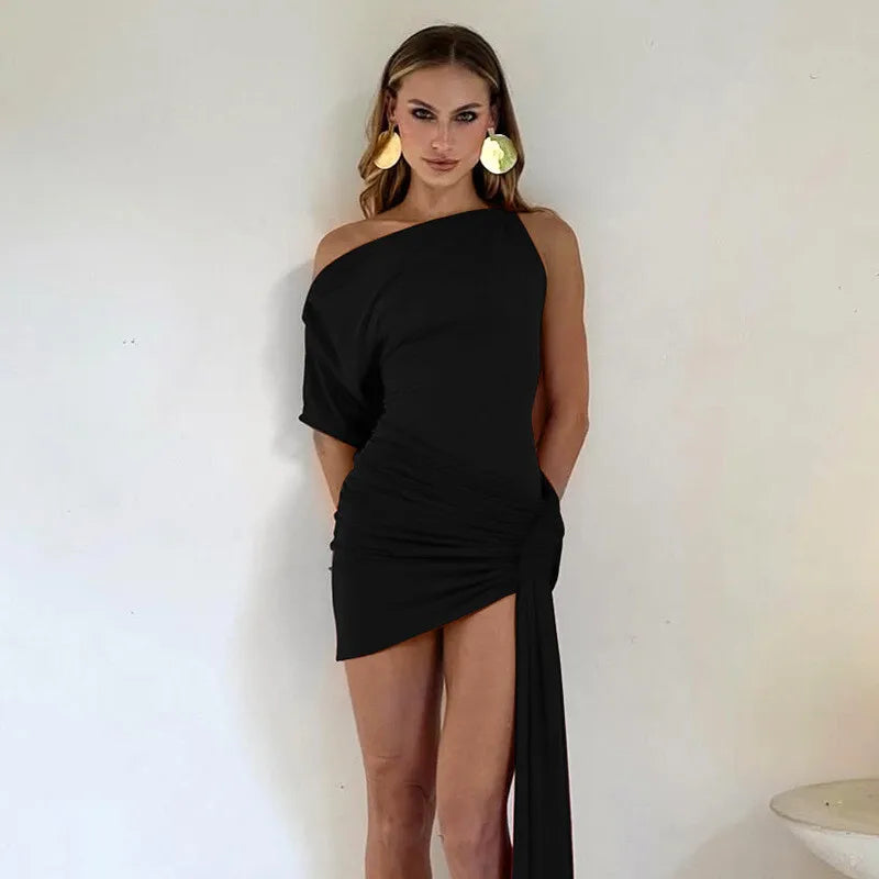 Oblique - Shoulder Backless Irregular Draped Dress