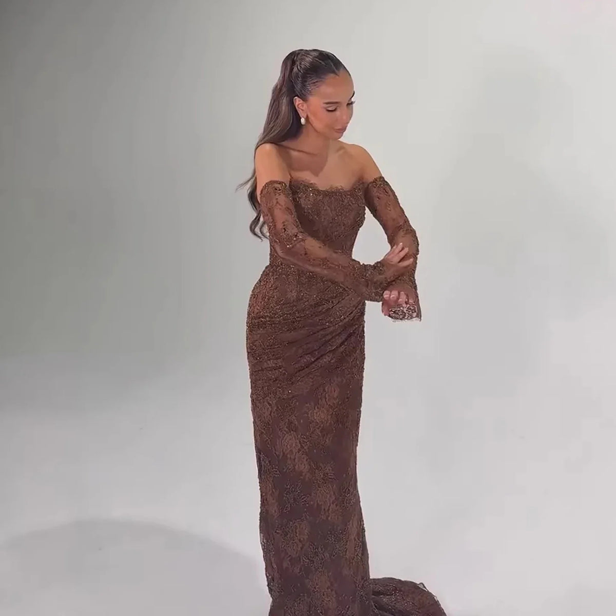 Zapdress Brown Lace Evening Gown Elegant Mermaid Ruched Slim Fit Party Dress for Women DLA73484 Customized (ZD17257)