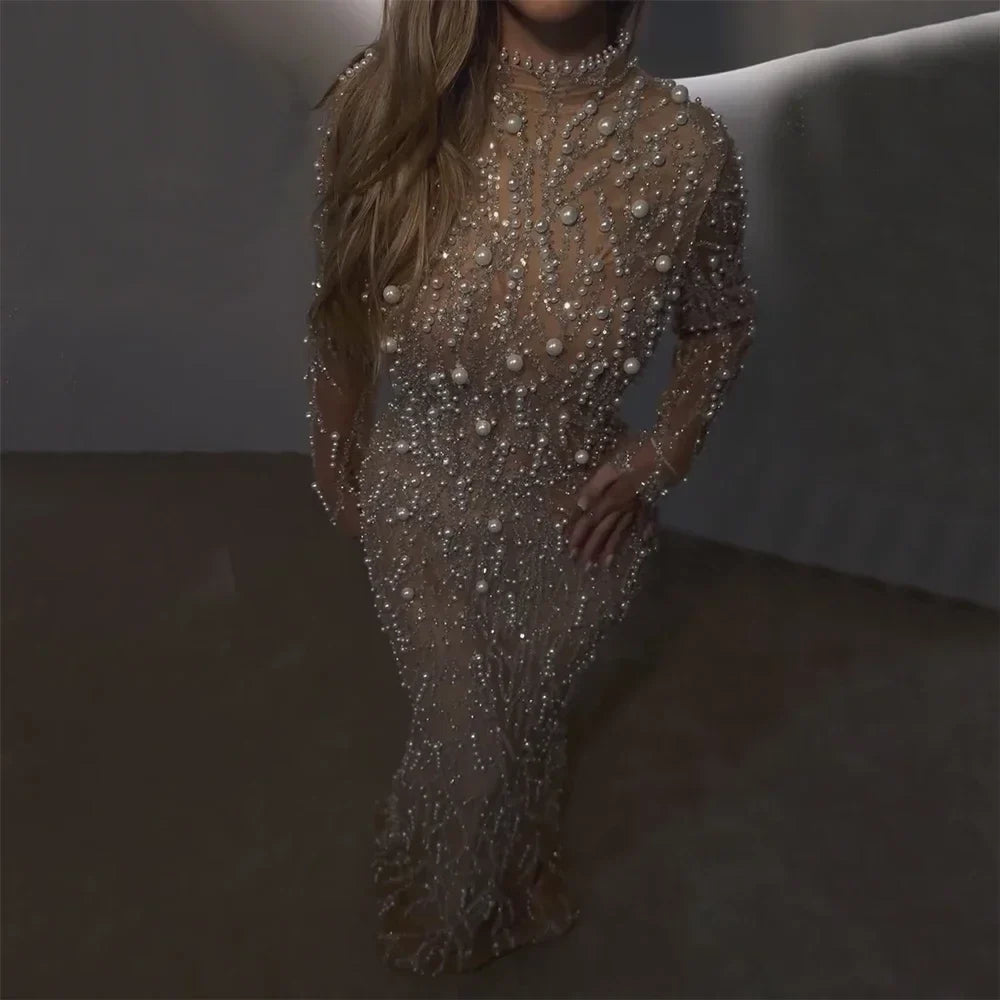 Zapdress 2025 Luxury Saudi Arabic Pearls Beaded Nude Mermaid Evening Dresses For Wedding Occasion DLA72345A Customized (ZD17310)