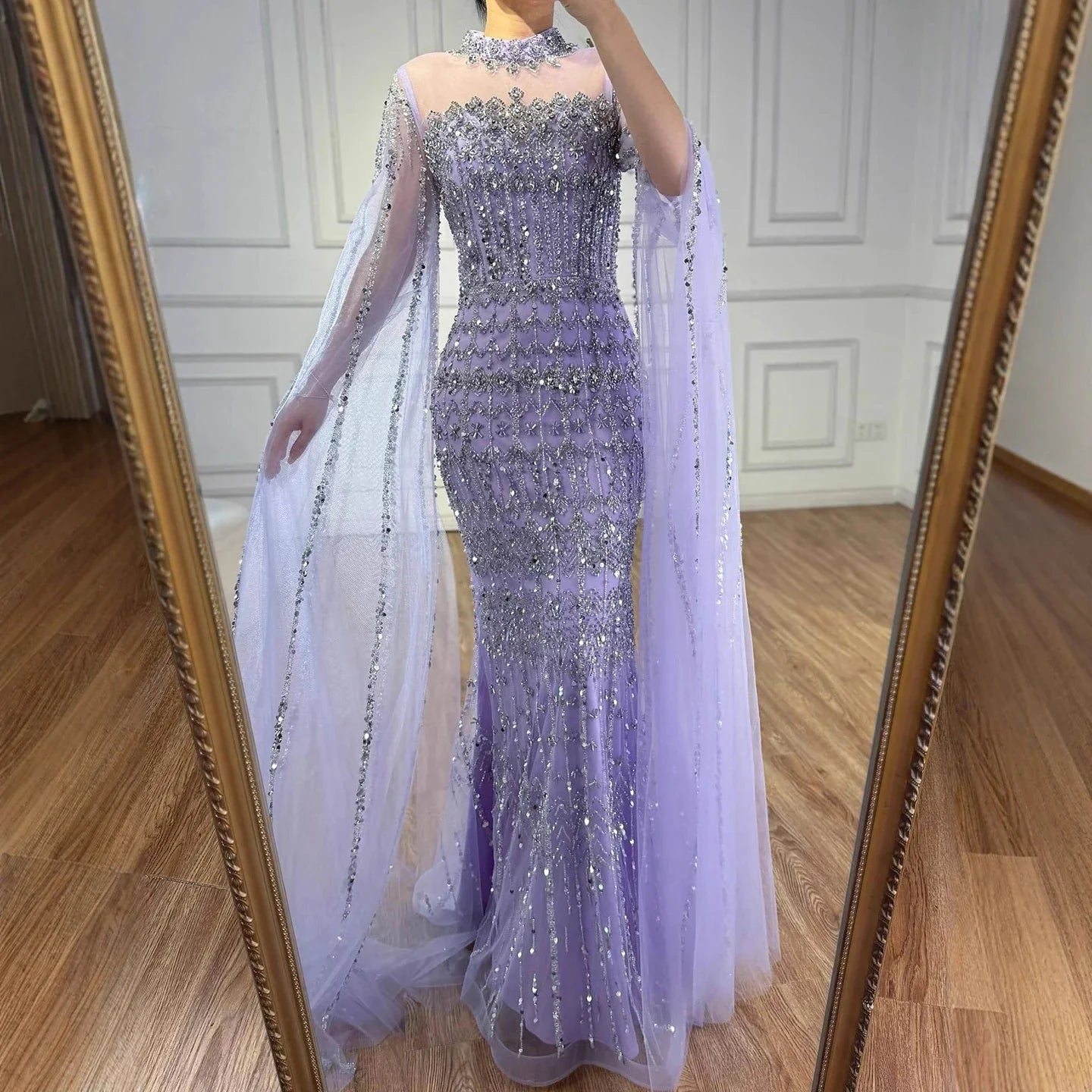 Zapdress Dubai Blue Beaded Evening Dress with Cape Sleeves 2025 Formal Party Gowns for Women DLA72714A Customized (ZD17279)