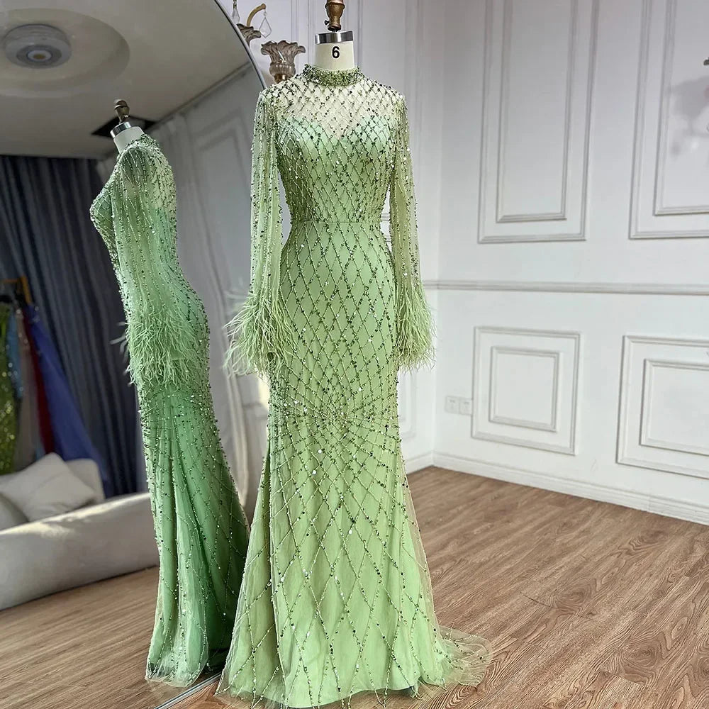 Customized 2025 Dubai Green Grid Cut Out Lace Beaded Feathers Sleeves Elegant Dresses Gowns for Formal Occasion DLA72394A (ZD17185)