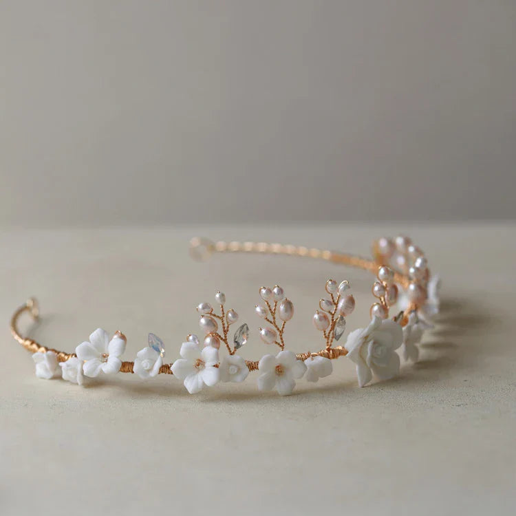 Gold Color Headband Freshwater Pearl Headpiece For Brides Porcelain Flower Hairband Wedding Accessories Bridal Hair Jewelry