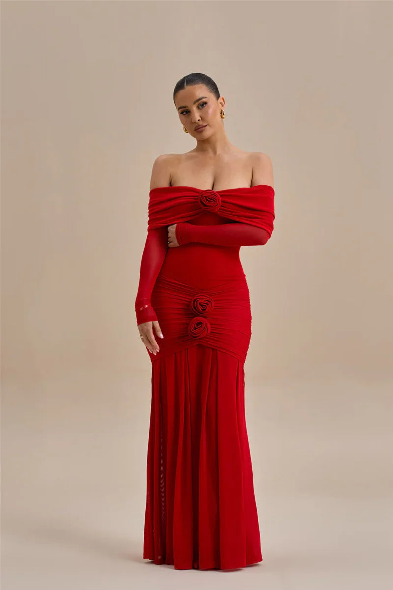 Off - shoulder Strapless Rose Long Sleeve Dress
