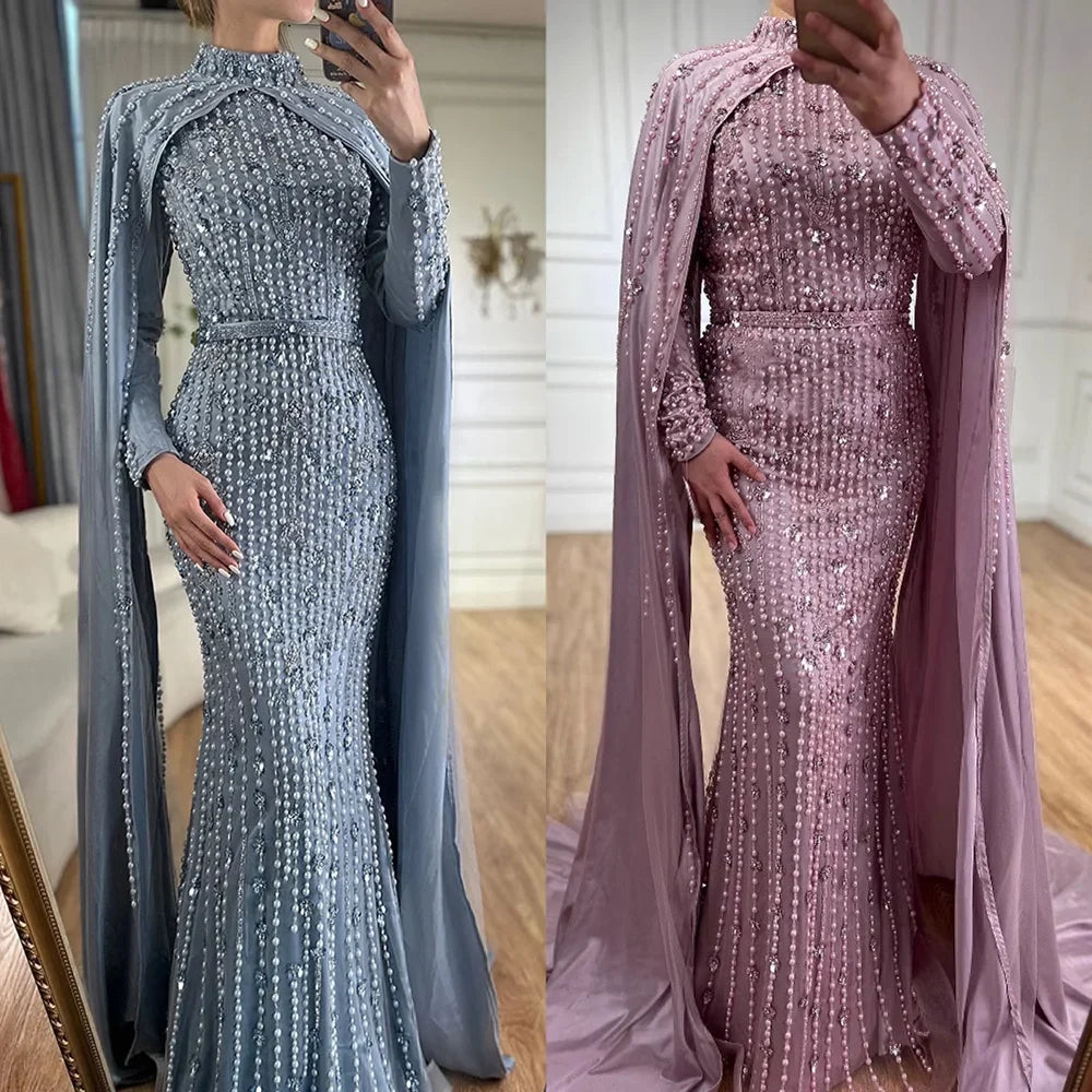 Zapdress Pink Long Sleeves High Neck Muslim Mermaid Beaded Evening Party Gown Dress with Cape for Women DLA72533 Customized (ZD17194)