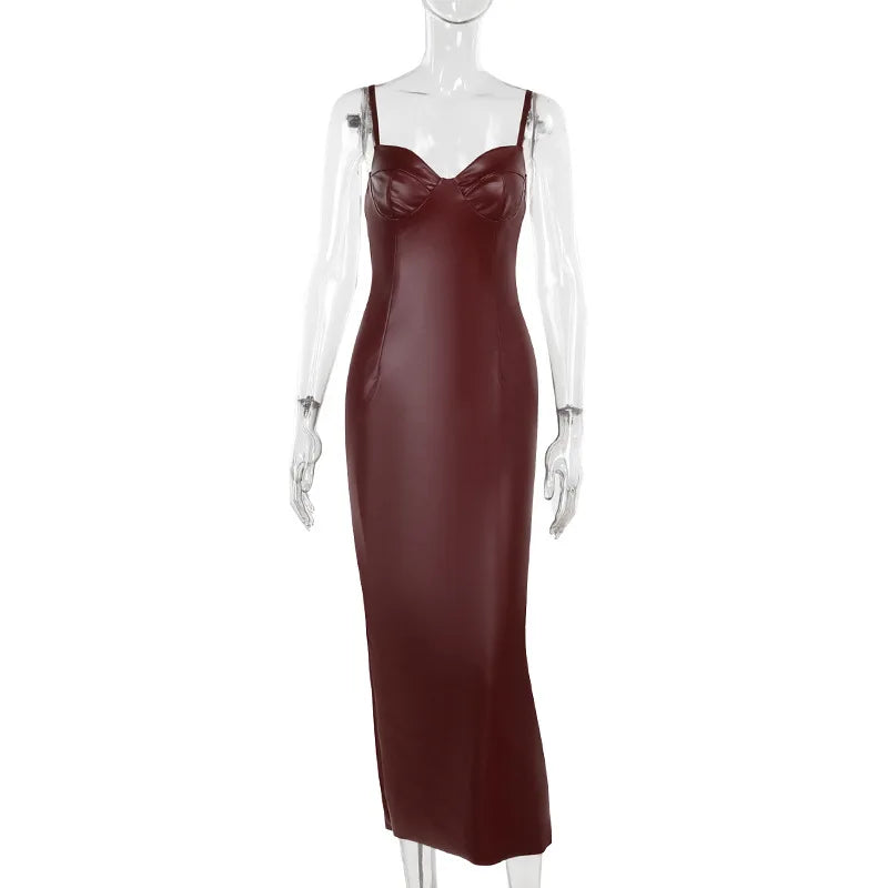 Solid PU Leather Splicing Strap Dress