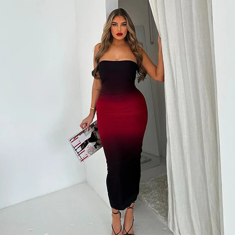 Strapless Black - Red Gradient Long Dress