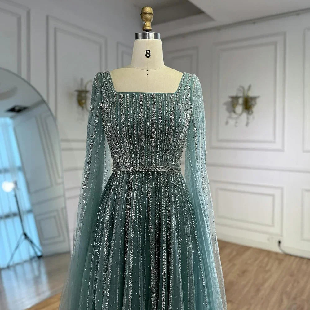 Zapdress Turquoise Square Collar Beaded Evening Dress with Cape Sleeves Dubai Pary Gowns for Women DLA73188 Customized (ZD17252)