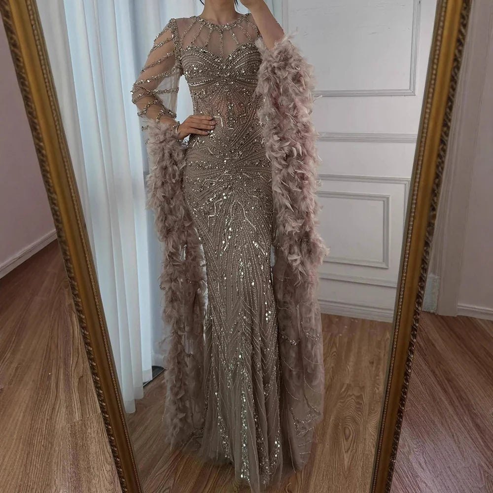 Zapdress Pink Luxury Beaded Mermaid Evening Dress Gowns with Feathers for Formal Occasion Customized DLA72708A (ZD17284)