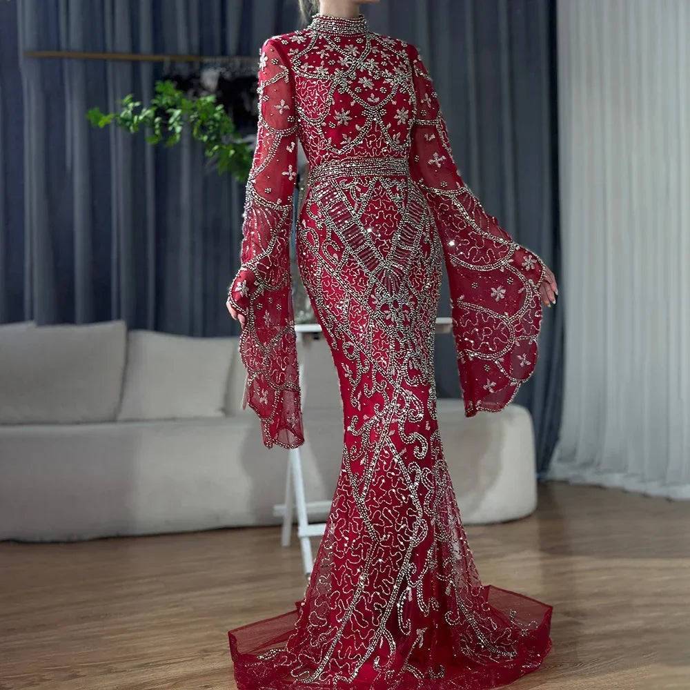 Zapdress Customized Muslim Gray Mermaid Cape Sleeve Beaded Evening Dress Dubai Elegant Party Gowns 2025 for Women (ZD17187)