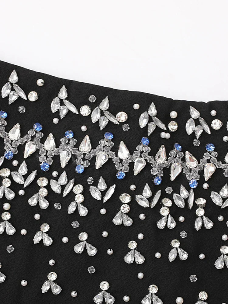 Diamonds Black Crystal Pearl Mini Midi Dress