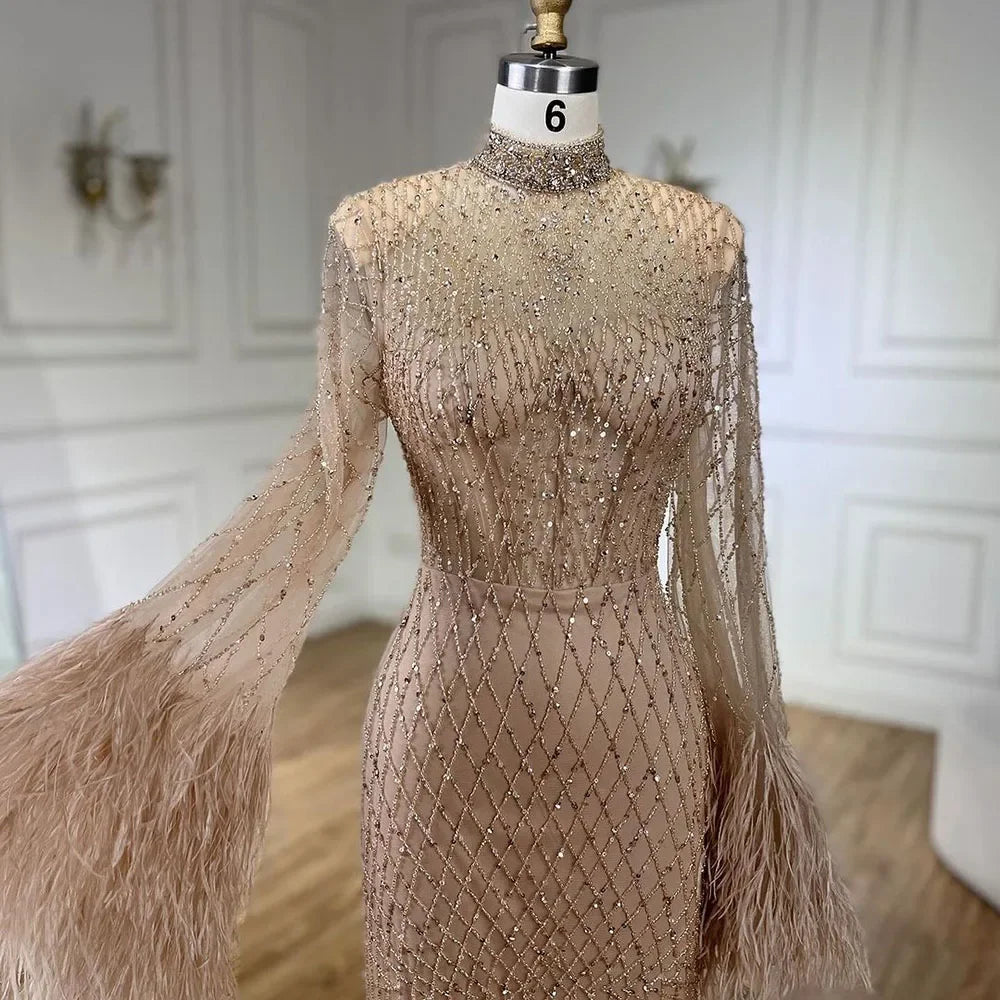 Zapdress Nude High Neck Long Sleeves Feathers Mermaid Beaded Evening Dress Party Gowns for Women DLA72394 Customized (ZD17242)