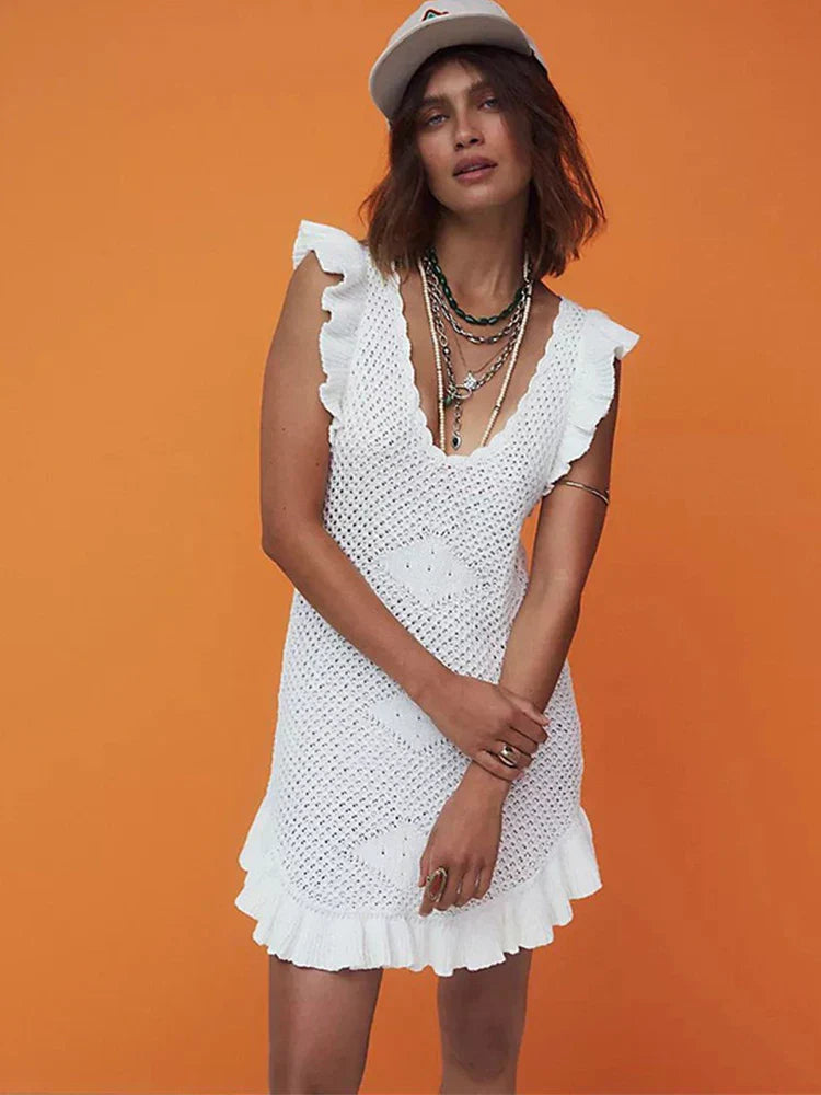 Ruffled Crochet Hollow Out Knit Beach Mini Dress