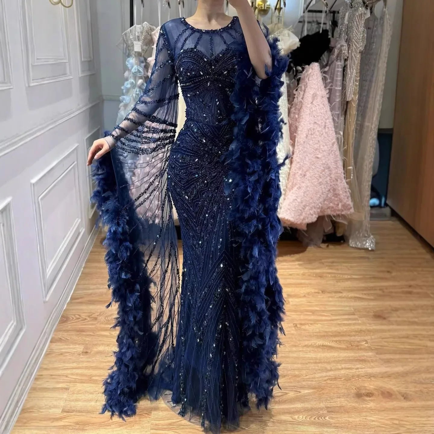 Zapdress Pink Luxury Beaded Mermaid Evening Dress Gowns with Feathers for Formal Occasion Customized DLA72708A (ZD17284)
