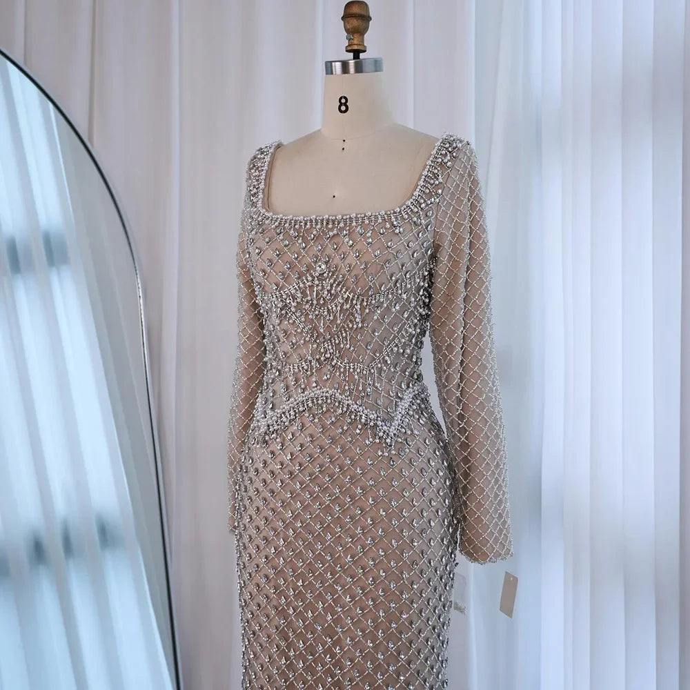 Elegant Beaded Pearl Mermaid Evening Dress with Long Sleeves for Wedding Occasion Zapdress 2025 Customized DLA72919A (ZD17238)