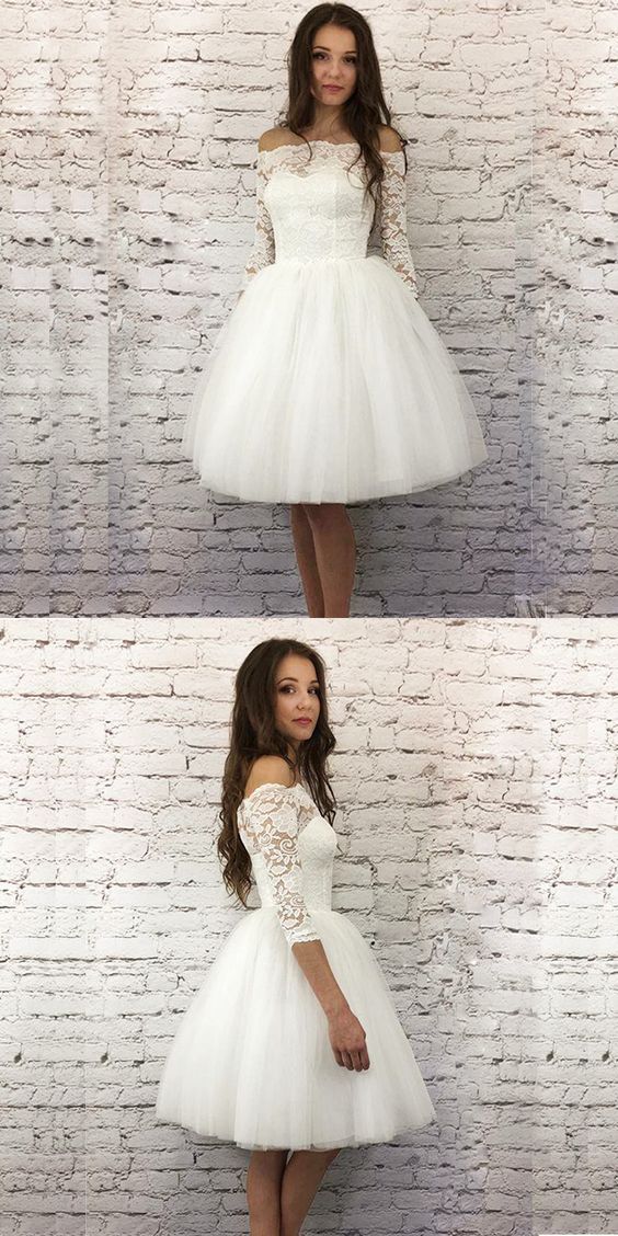 White A-Line 3/4 Sleeves Short Homecoming Dress With Lace S1834 - VelvetHem