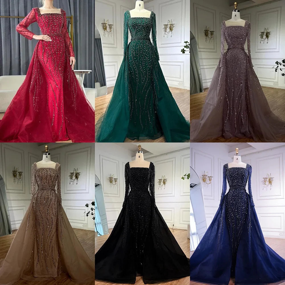 Zapdress Customized Wine red Long Sleeves Mermaid Beaded Evening Dresses with Overskirt Party Gowns for Women (ZD17206)