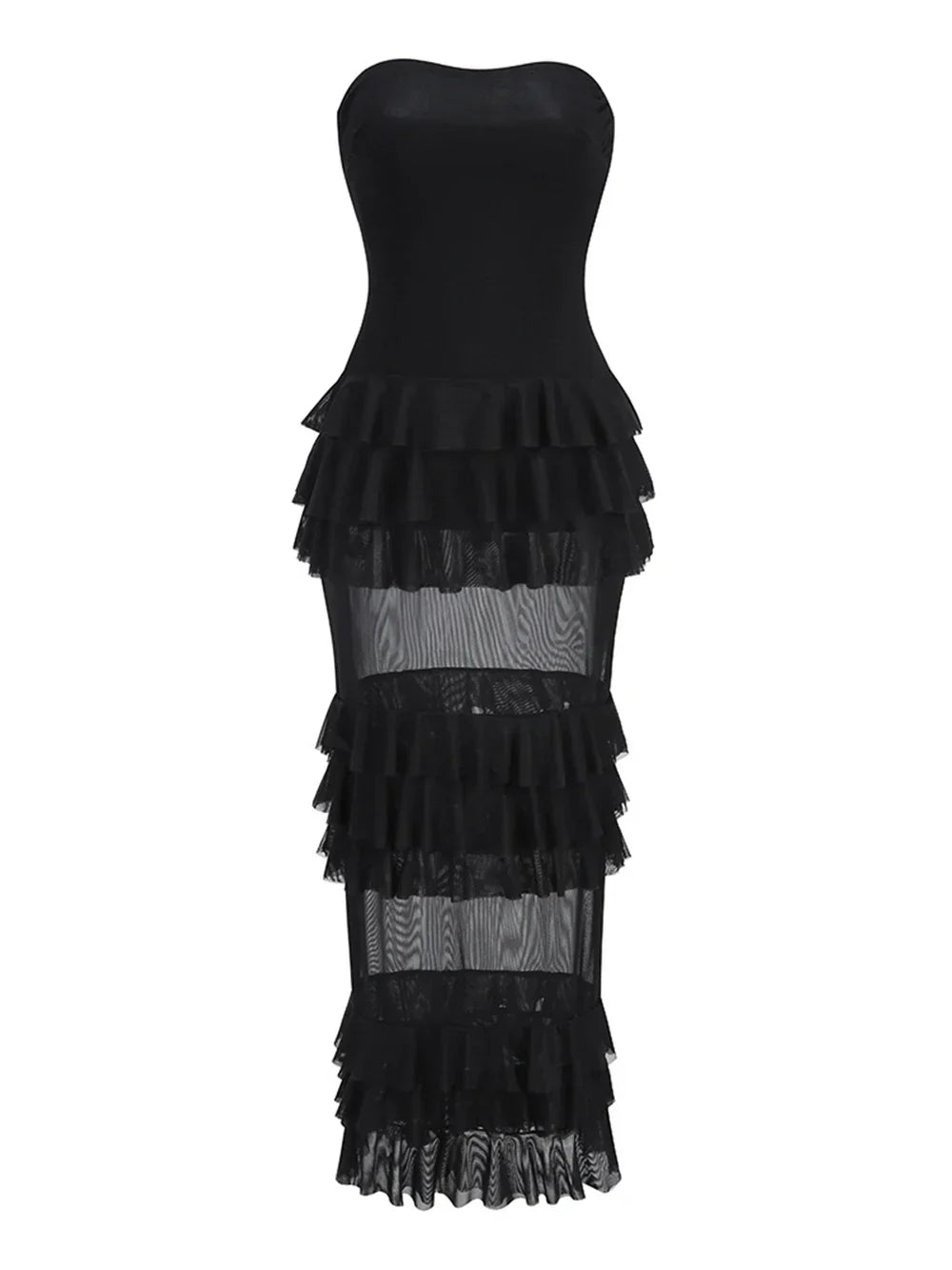 Strapless Mesh Patchwork Ruffle Dress