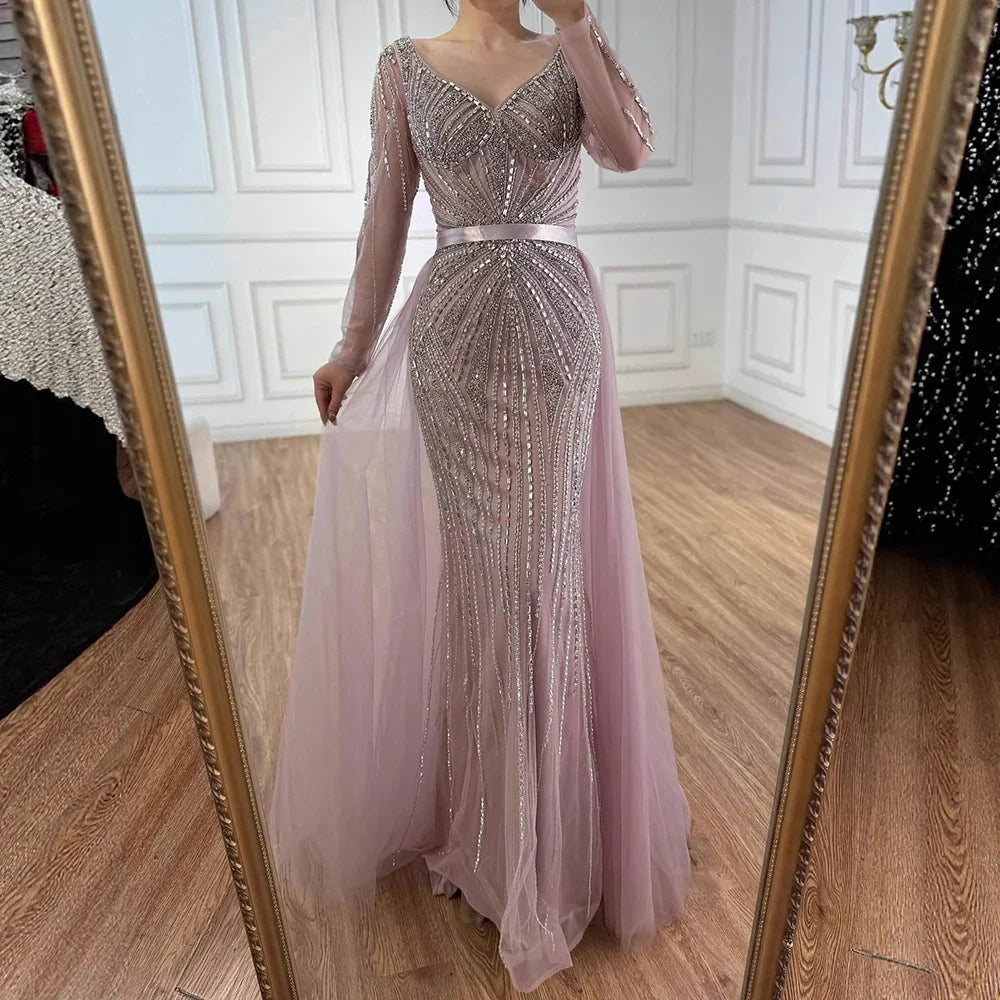 Zapdress Pink V-neck Long Sleeves Beaded Evening Dress with Detachable Overskirt Party Gown for Women Customized (ZD17196)