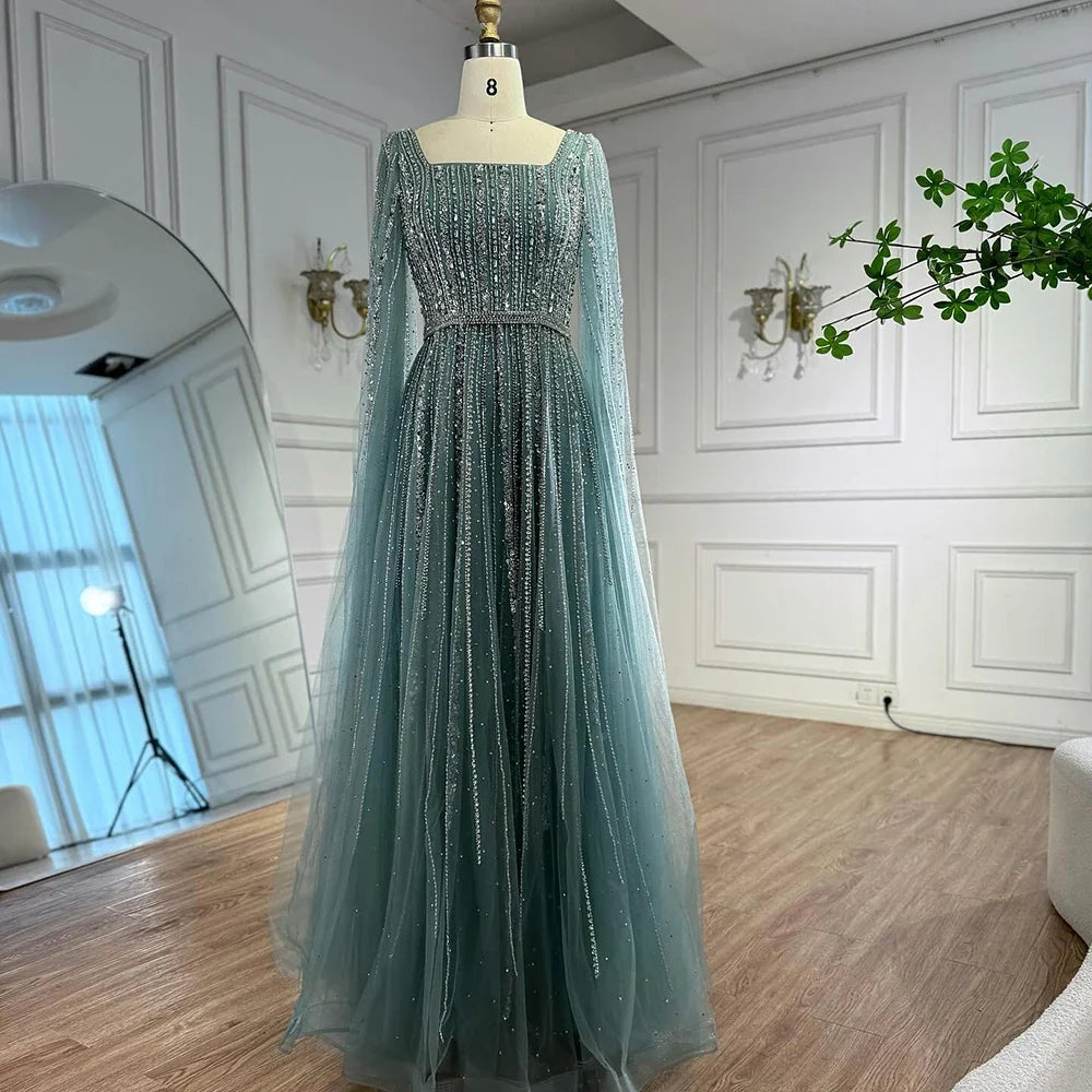 Zapdress Turquoise Square Collar Beaded Evening Dress with Cape Sleeves Dubai Pary Gowns for Women DLA73188 Customized (ZD17252)