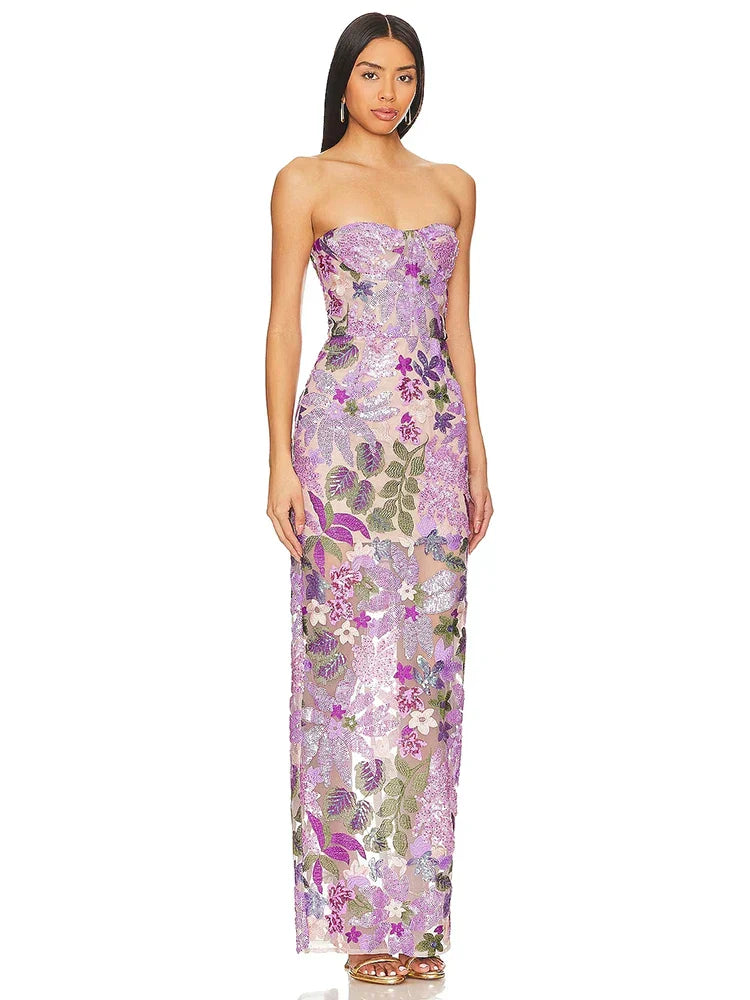 Floral - Embellished Sequin Lavender Ankle Length Dress